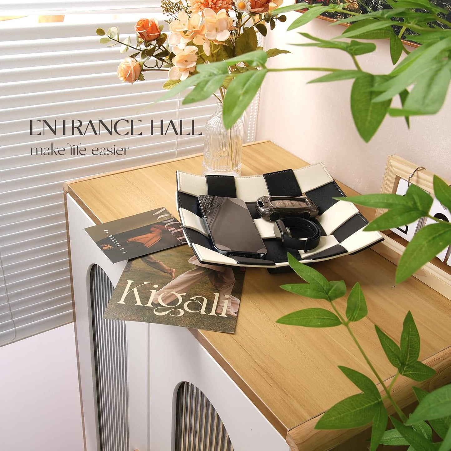 Valet Tray for Men Leather Key Tray for Entryway Table Bedside Nightstand, Desktop Organizer Catch-All for Wallet, Watch, Remote, Keys, Cell Phones, Checkerboard