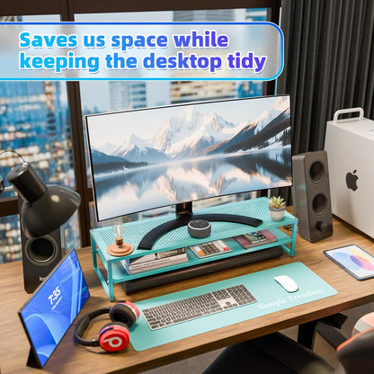 Simple Trending 2 Tier Metal Dual Monitor Stand Riser with 32"x10" Mouse Pad, Computer Desk Organizer for 2 Monitors, Laptop, Printer, TV, Black