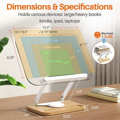 BYMECOST Acrylic Book Stand for Reading, Adjustable Book Holder with 360° Rotating Base & Elastic Page Clips, Foldable Desktop Riser Stand for Cookbook,Laptop,Tablet,Music Scores,Recipe,Textbook