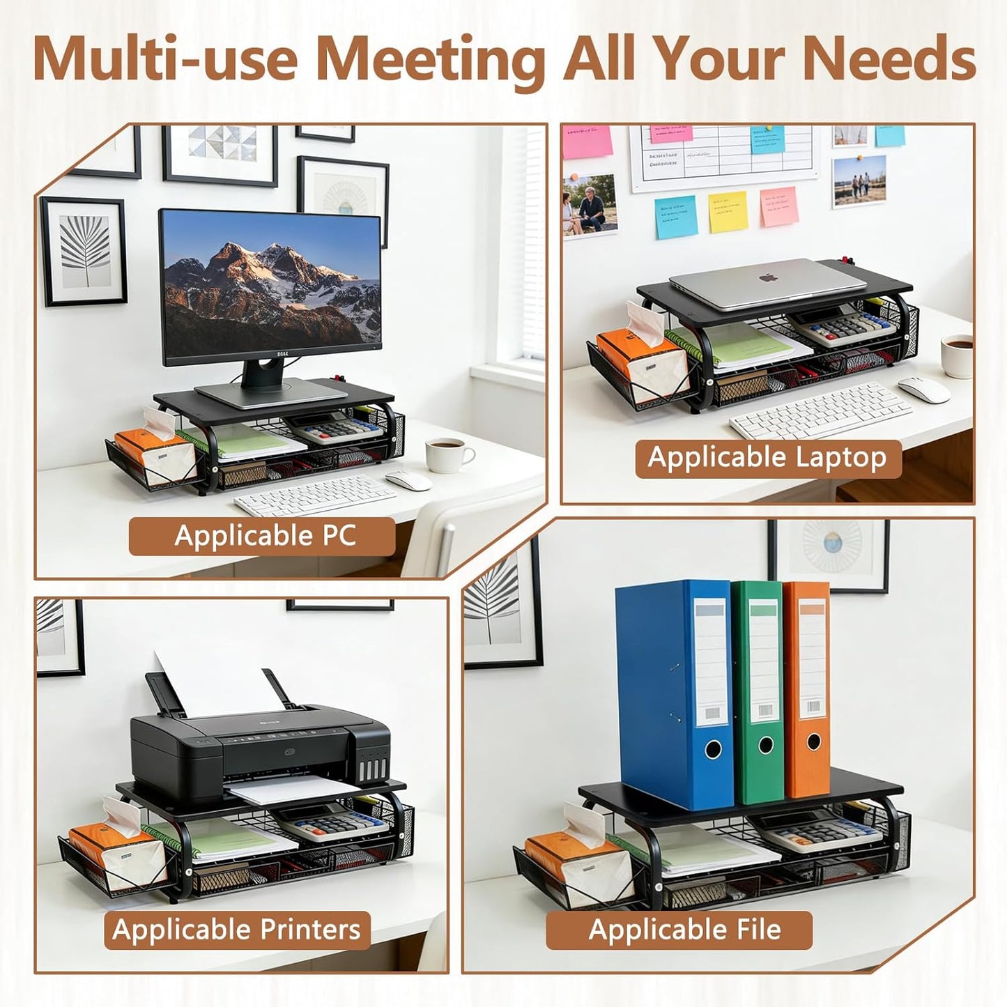 Desk Organizers and Accessories Monitor Riser, Monitor Stand with Drawer (2-Tier Drawers) with Large Side Storage Rack & Cable Management,66LBS/30KG, Office Organization, Walnut Brown