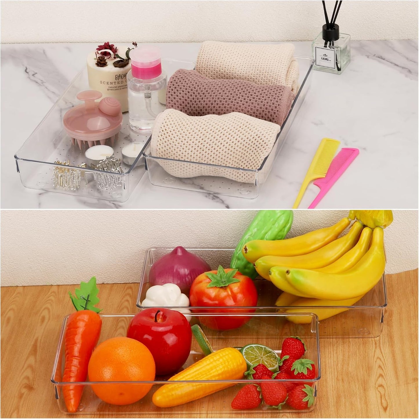 Ohlove 6 Pcs Large Clear Plastic Drawer Organizers Tray 15" x 6.3" Storage Bins with 25 Pcs Non-Slip Pads for Makeup, Jewelries, Kitchen Utensils, Bathroom and Office