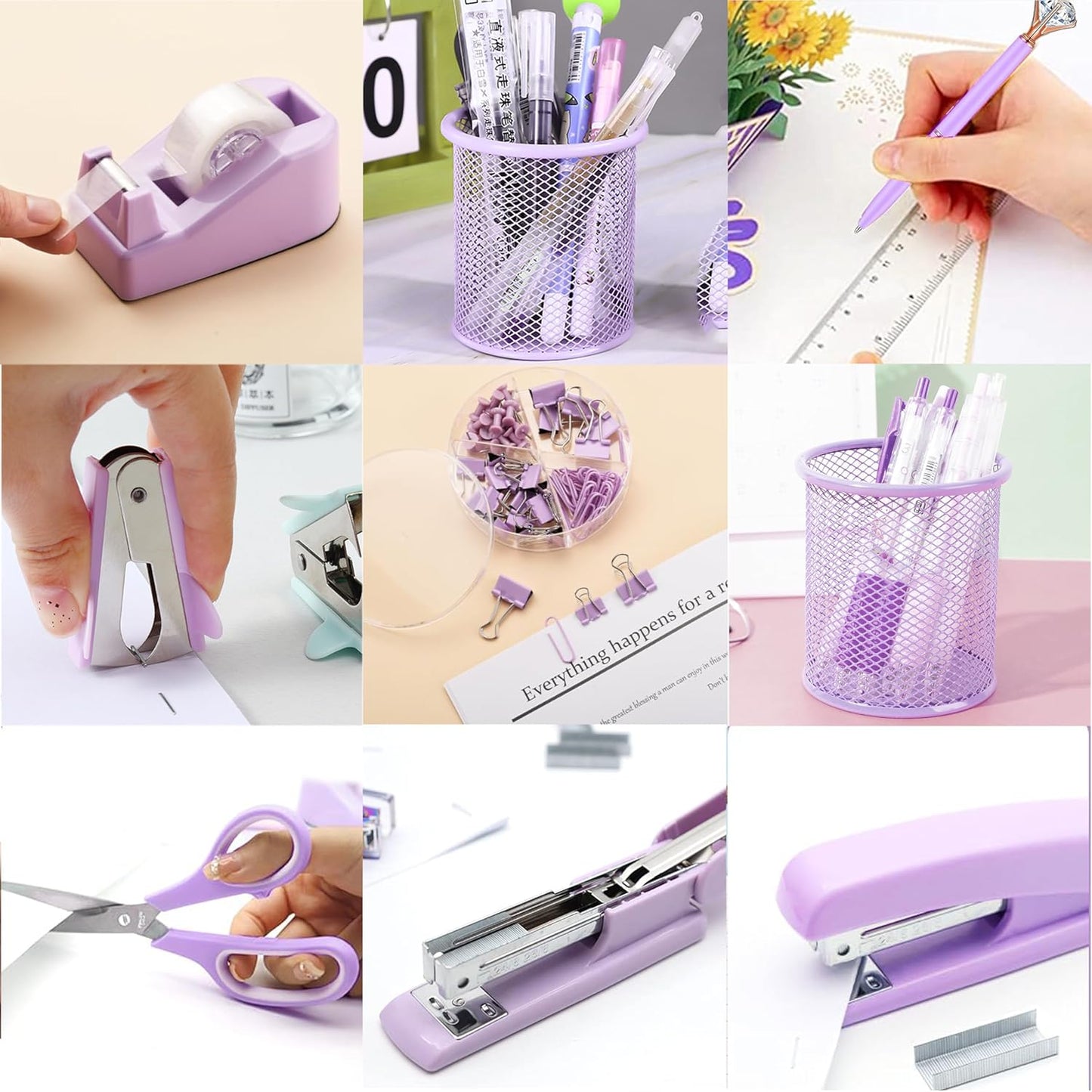 Famassi Rose Gold Desk Accessories，Office Supplies Set Acrylic Stapler Set Staple Remover, Tape Holder, 2 Ballpoint Pen, Scissor, Binder/Paper Clips and 1000pcs Staples.