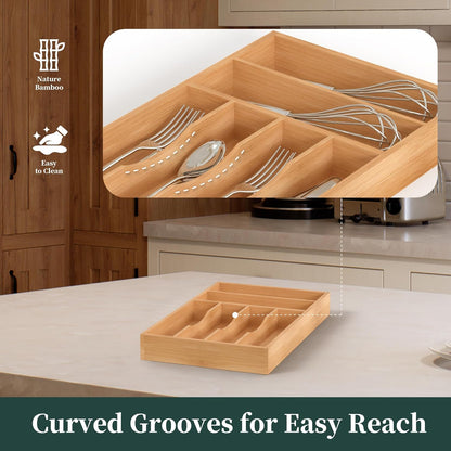 Small Silverware Organizer, Bamboo Kitchen Drawer Organizer, Utensil Holder, Cutlery Tray & Spoon Flatware Storage with Grooved Drawer Dividers (6.7''W x 12''D)