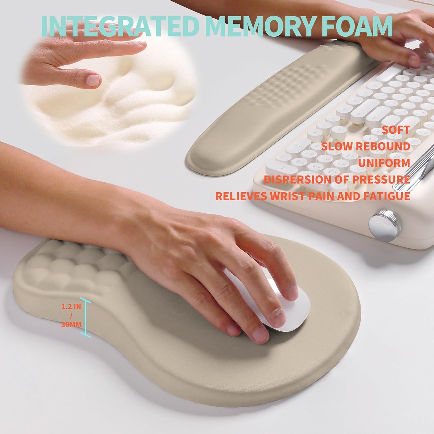 2-in-1 Ergonomic Set, Wave Rise Keyboard Wrist Rest and Massage Bulge Slope Mouse Pad Wrist Support, Cushion Memory Foam Integrated to Relieve Wrist Pain, Black