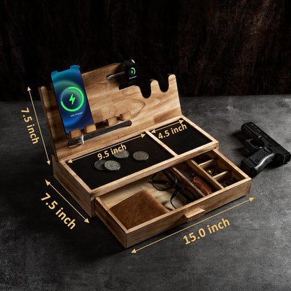DGWJSU Phone Docking Station as Gifts for Men, Wood Pistol Rack As Nightstand Organizer for Gun Safe, Phone Charging Station as Gifts for Him Boyfriend Husband Father in Anniversary Birthday Christmas