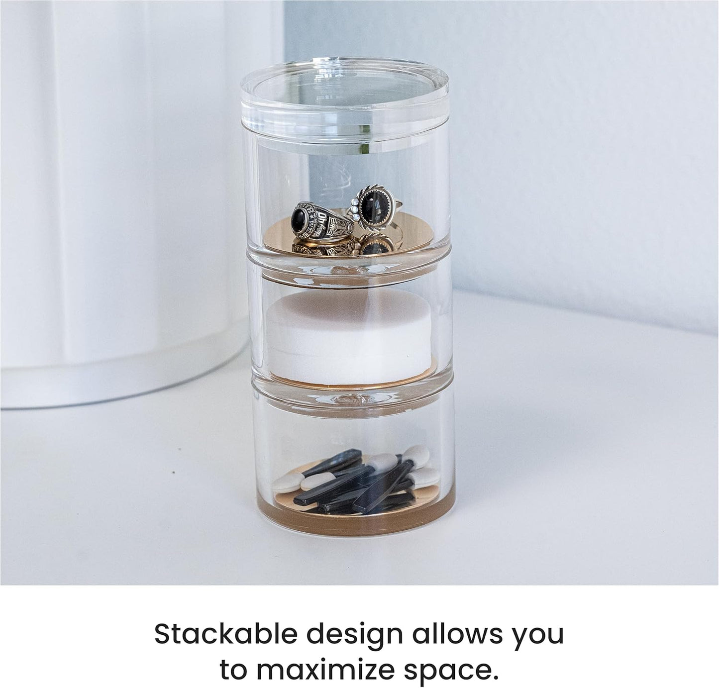 OfficeGoods 3-Tier Stackable Acrylic Holder- Stylish Desk Organizer and Storage for Office or Home – Transparent Round Design with Gold Metal Base