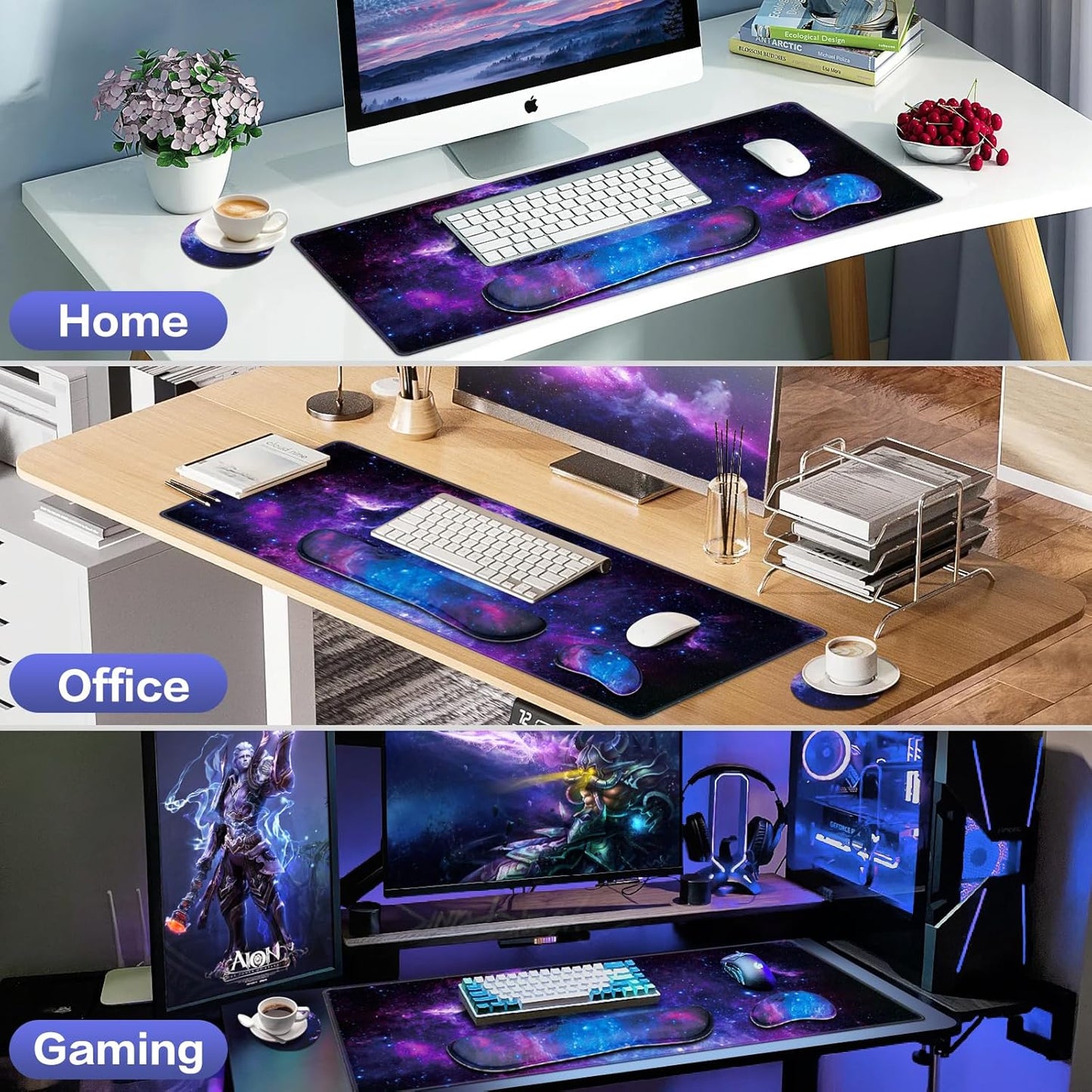 Desk Mat, Large Gaming Mouse Pad with Wrist Rest, 4in1 XXL Mousepad+Keyboard Wrist Rest+Mouse Pad Wrist Support+Cup Coaster Set Ergonomic Floral Computer Desk Arm Wrist for Decor Home Office Women