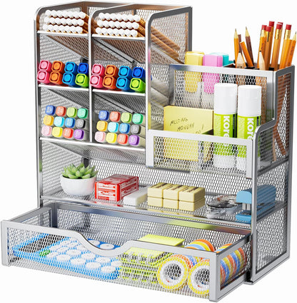 Marbrasse Mesh Pen Holder for Desk, Multi-Functional Pencil Organizer with Drawer, Desk Organizers and Accessories for Office Art Supplies (Black)