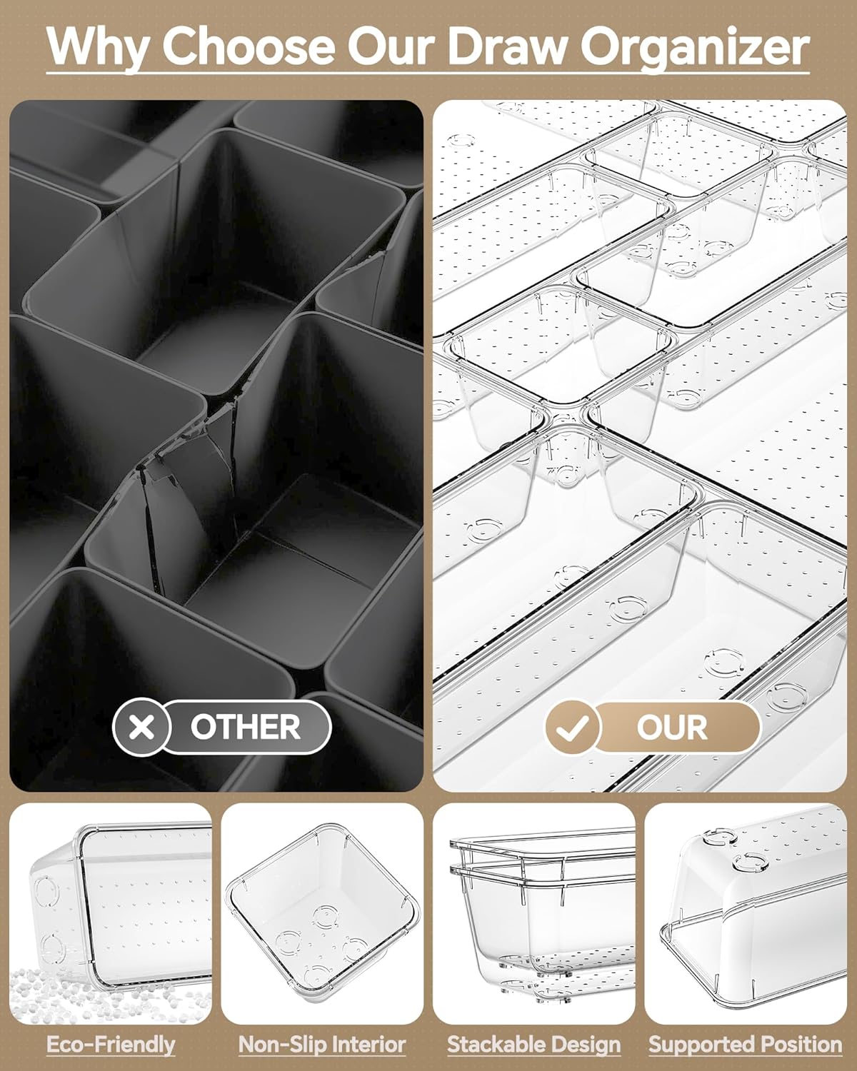 KEMETHY 25 PCS Plastic Drawer Organizers Set, 4 Sizes Vanity Organizer, Makeup and Desk Drawer Organizer Trays, Organization and Storage for Makeup, Bathroom, Kitchen Utensils and Office (Black)