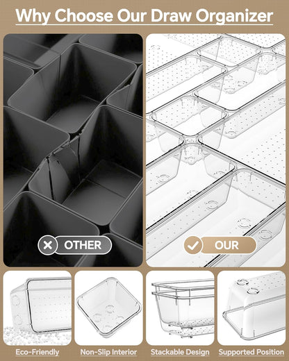 KEMETHY 25 PCS Plastic Drawer Organizers Set, 4 Sizes Vanity Organizer, Makeup and Desk Drawer Organizer Trays, Organization and Storage for Makeup, Bathroom, Kitchen Utensils and Office (Black)