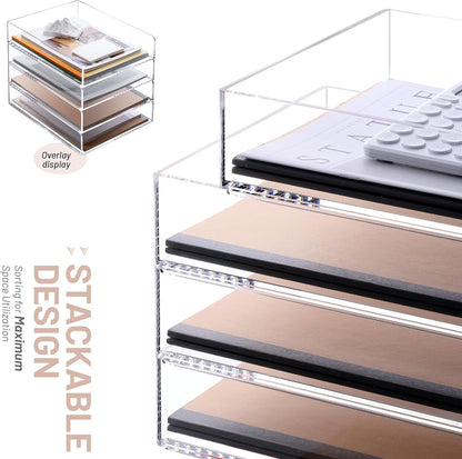 SANRUI 4-Tier Acrylic Stackable Desk Organizer Trays – Clear Vertical Paper Tray for A4/Letter Files, Folders & Office Supplies – Modular Desktop Storage Shelf, Workspace & Home Organization