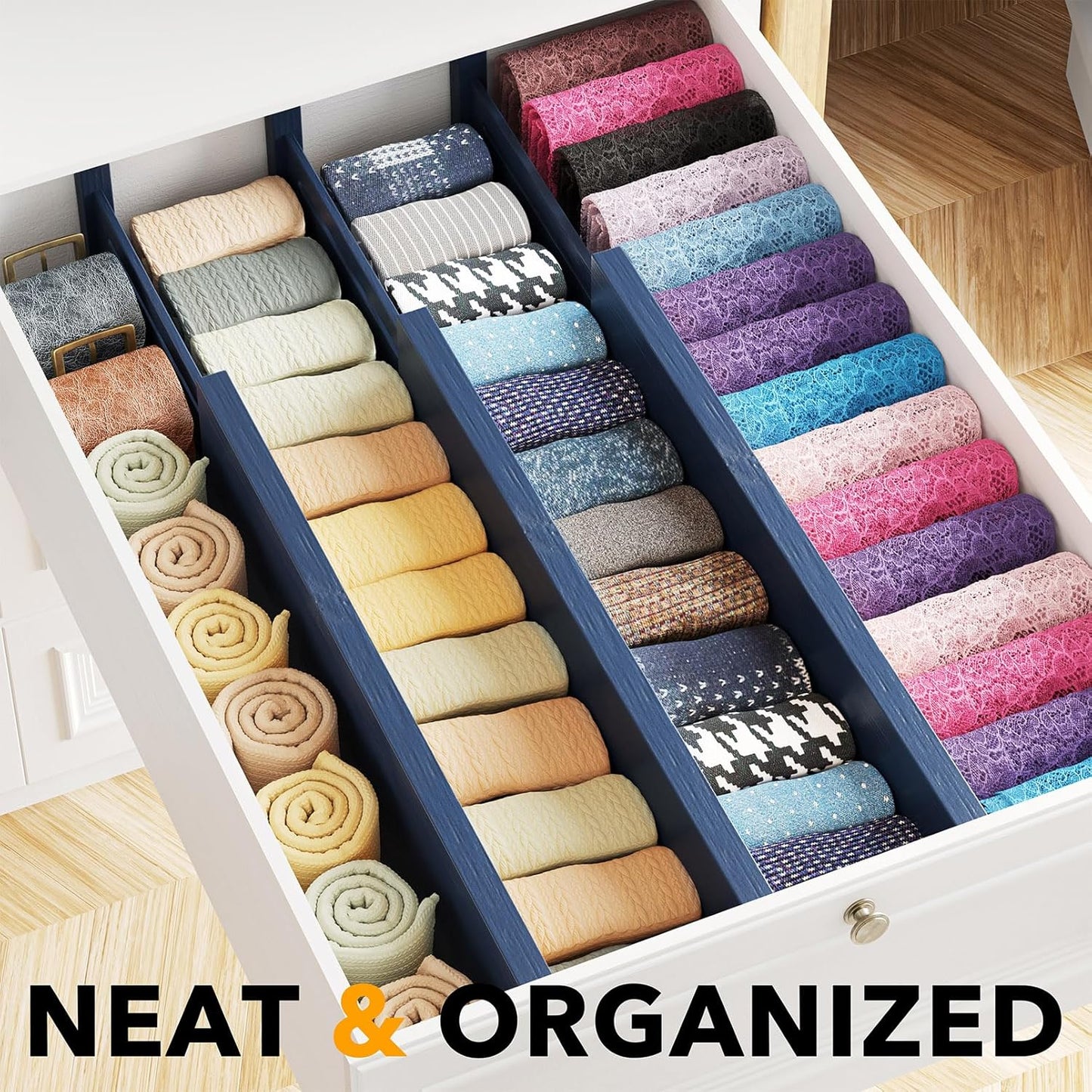 SpaceAid Bamboo Dresser Drawer Dividers 6 Pack, 4.65“ High Adjustable 12.5“-17” Drawer Organizers, Expandable Organization for Clothing, Clothes, Dressers, Natural