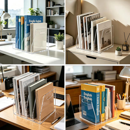 Acrylic Magazine File Holder, 4 Vertical Compartments Desk Document Sorter Organizer, Clear Bookend File Sorter Holder for Office, Documents, Tablets, Magazines, Books