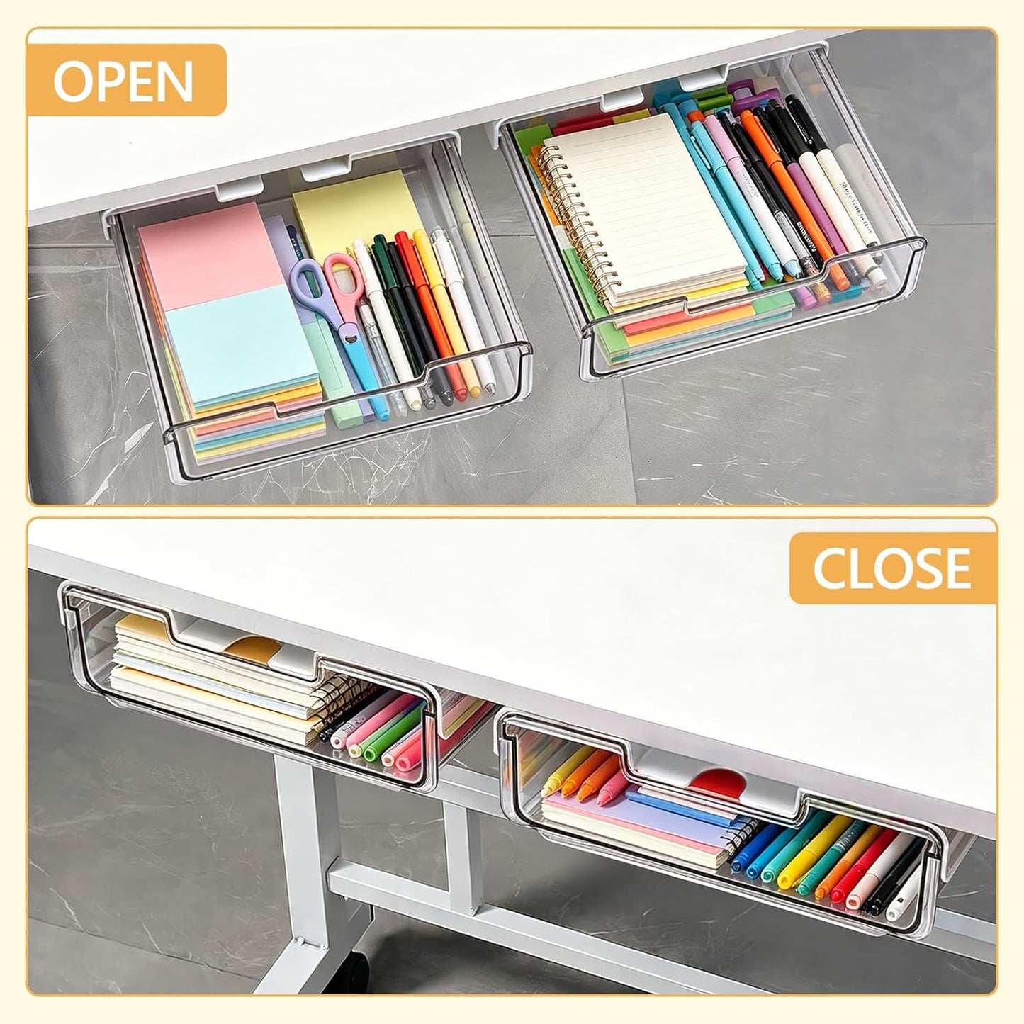 Under Desk Storage Drawers Self-Adhesive Easy Hidden Desktop Organizer, Attachable Clear Acrylic Storage Tray Under Table Drawer for Home Office School Counters Workstation, 2 Pack
