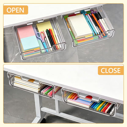 Under Desk Storage Drawers Self-Adhesive Easy Hidden Desktop Organizer, Attachable Clear Acrylic Storage Tray Under Table Drawer for Home Office School Counters Workstation, 2 Pack