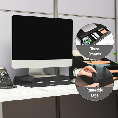 Mind Reader Monitor Stand, Laptop Riser, Desktop Organizer, Storage Drawer, Office, Plastic, 13.5"L x 13"W x 4"H, Black