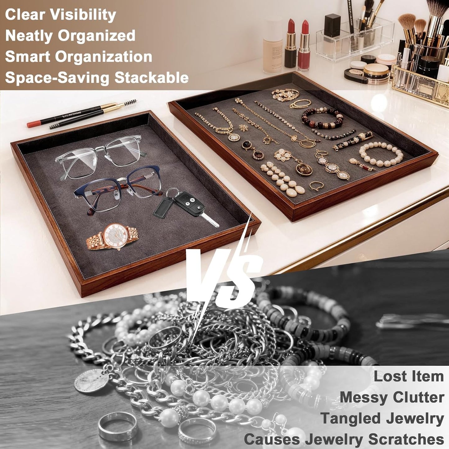 Large Solid Wood Jewelry Watch Tray, Velvet Jewelry Board Display Trays for Key Wallet Ring，Stackable Wooden Jewelry Drawer Organizer Showcase Jewelry Holder(Royal Blue)