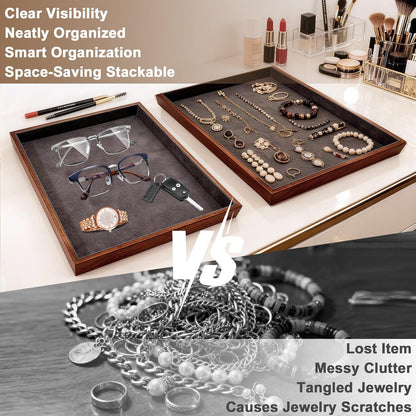 Large Solid Wood Jewelry Watch Tray, Velvet Jewelry Board Display Trays for Key Wallet Ring，Stackable Wooden Jewelry Drawer Organizer Showcase Jewelry Holder(Royal Blue)