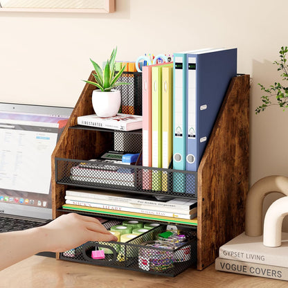 Homsorout Wooden Desk Organizer - Mesh File Organizer with Drawers and Pen Holder - 4-Tier Vertical Paper Letter Storage Tray, Desktop Organizers and Accessories for Home Office