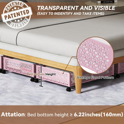 PHINOX Under Bed Storage Containers with Wheels, Under Bed Shoe Storage Organizer Drawer, Tool-free Assembly Metal Storage Containers for Bedroom Clothes Shoes Blankets -2PCK