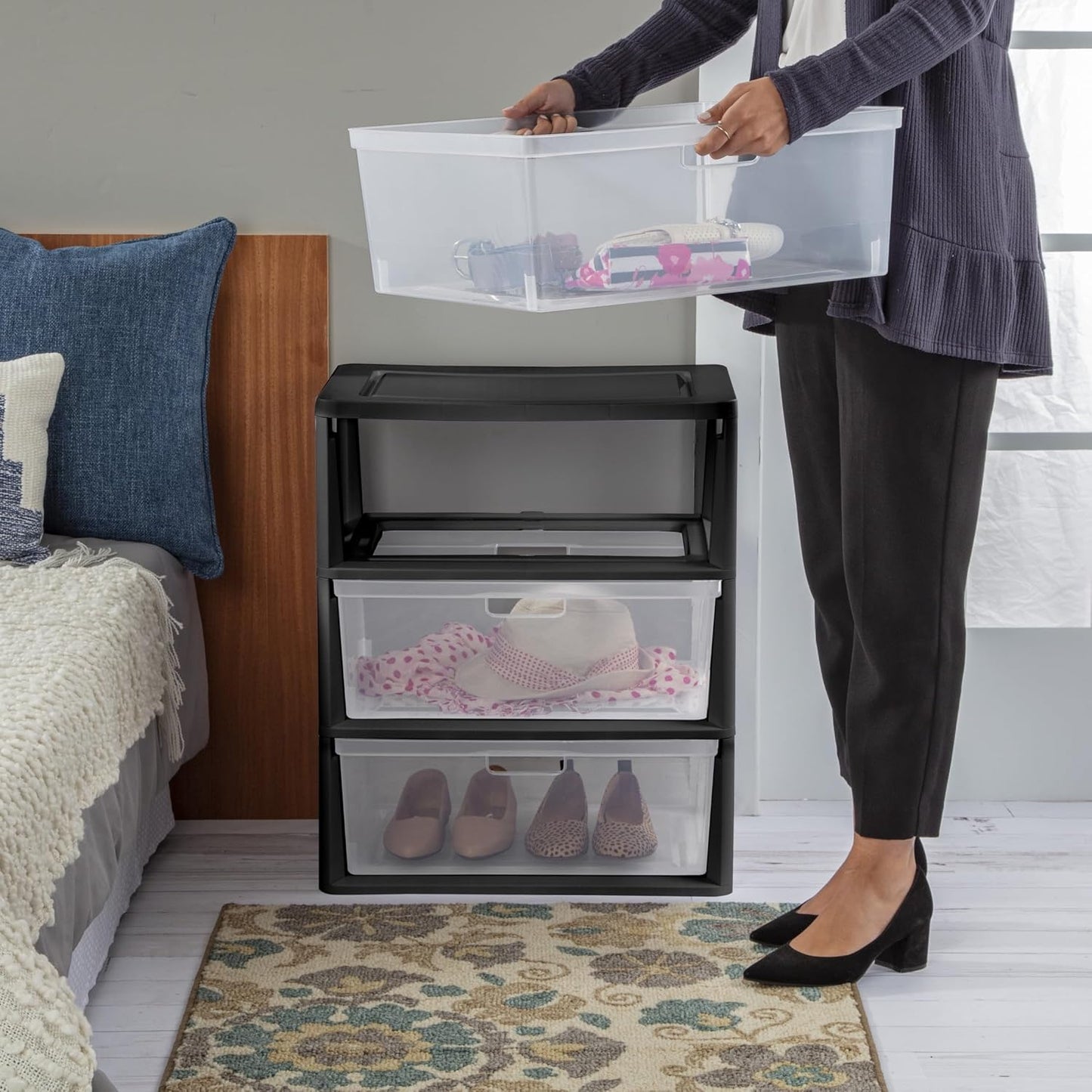 3-Drawer Storage Tower with Removable Clear Plastic Bins, Tool-Free Assembly, Multiple Sizes for Home Office (15.7"W)