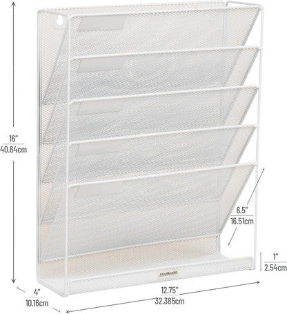 Mind Reader 5-Pocket Vertical File Storage, Desktop Organizer, Wall Mount, Office, Metal Mesh, Pink