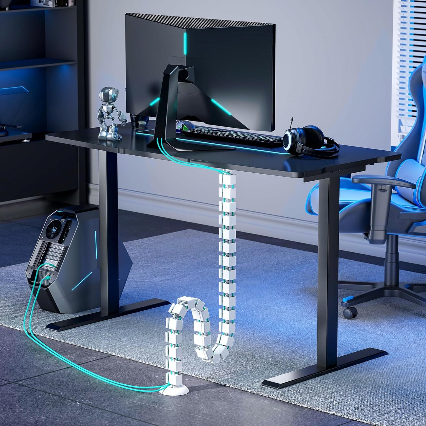 PEGZONE Under Desk Cable Management Spine – Flexible Cable Snake Organizer for Standing Desk, Tool-Free Magnetic Vertebrae Wire Management for 0.4"-2" Table, White