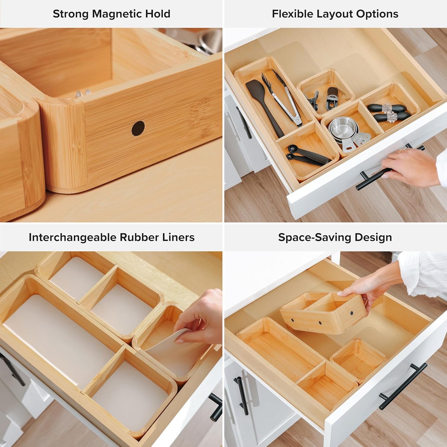 Modular Drawer Organizer Set – Kitchen Edge Storage with 3 Containers & 5 Compartments, Magnetic with Removable Inserts, Stackable, Rubber Liners & Non-Slip Base, 9in x 13.5in x 2.4in, 100% Bamboo