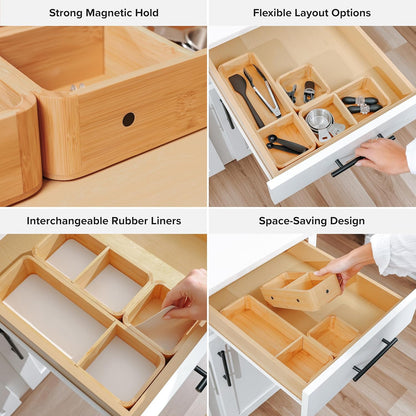 Modular Drawer Organizer Set – Kitchen Edge Storage with 3 Containers & 5 Compartments, Magnetic with Removable Inserts, Stackable, Rubber Liners & Non-Slip Base, 9in x 13.5in x 2.4in, 100% Bamboo