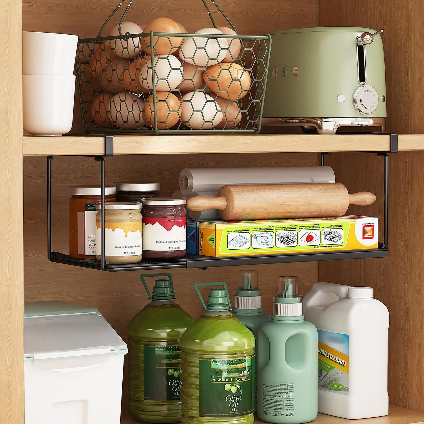 1 Pack Expandable Under Cabinet Shelf, Under Shelf Basket with 0.94 Inches Thick Clips for Kitchen Cupboard, Metal Hanging Under Desk Basket for Laundry Room, Cabinet, Shoe Rack