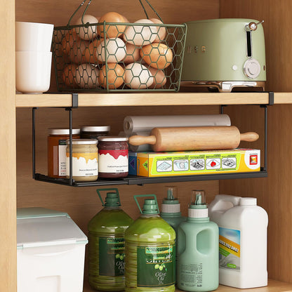 1 Pack Expandable Under Cabinet Shelf, Under Shelf Basket with 0.94 Inches Thick Clips for Kitchen Cupboard, Metal Hanging Under Desk Basket for Laundry Room, Cabinet, Shoe Rack
