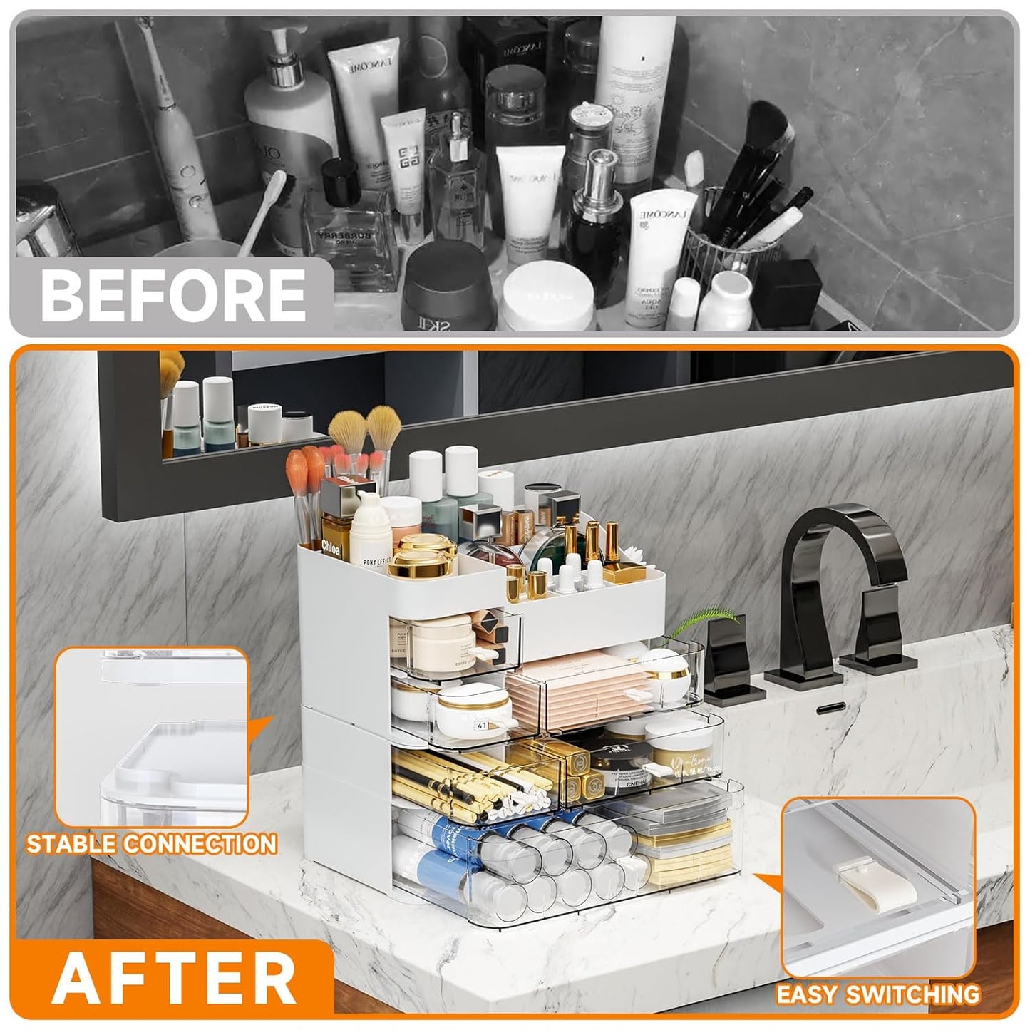 White Makeup Organizer With Drawers,Large Skincare Organizers for Countertop,Desk,Dresser,Plastic Bathroom Counter Organizer for Brush,Palettes,Perfume,Beauty Products Organization,Skin Care Storage