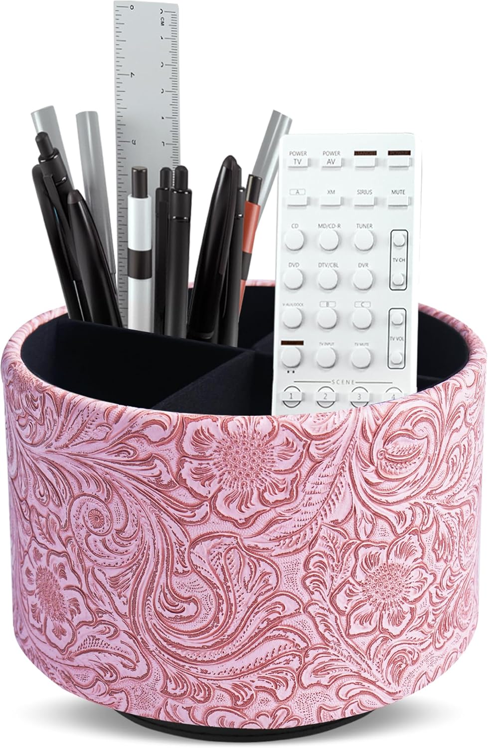 lizimandu Round Leather Art Supply Organizer,Remote Control Holder,360 Degree Spinning,Multi-Functional Pencil Holder,4 Compartments Desktop Stationary Organizer(1-Gold) - Colors A
