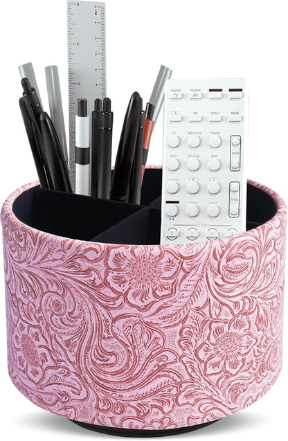 lizimandu Round Leather Art Supply Organizer,Remote Control Holder,360 Degree Spinning,Multi-Functional Pencil Holder,4 Compartments Desktop Stationary Organizer(1-Gold) - Colors A