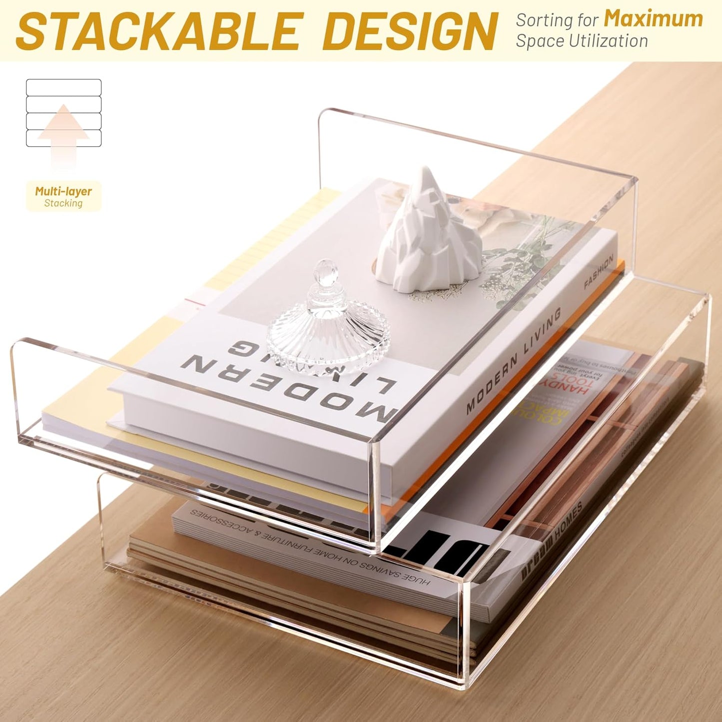 SANRUI Paper Organizer for Desk,Acrylic Stackable Letter Tray, Clear Desk Organizer, Paper Sorter for Office,Home or School,2-Pack