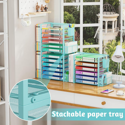 Simple Trending 6 Tier Desk File Organizer, Paper Letter Tray Organizer with File Holder and Pen Container, Black