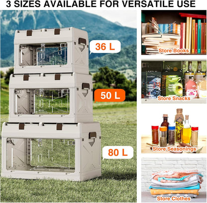 HYBRIDEAS 3-Pack Clear Stackable Storage Bins with Lids Magnetic Doors Open Front Foldable Folding Plastic Craft Containers Large Closet Organizers Box for Bedrooms Living Rooms Study Kids' Toys 24 QT