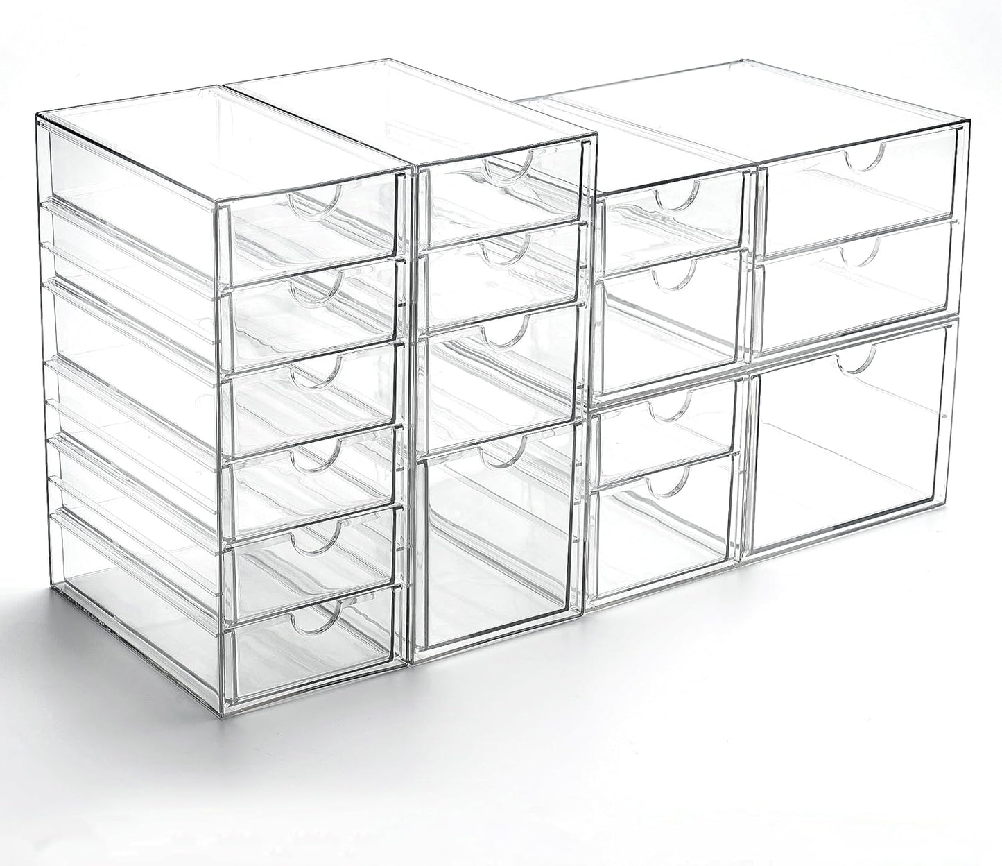 Prsildan Acrylic Makeup Organizer, 2 Pack Stackable Storage Drawers with 6 Drawers for Office Desk Vanity Craft Room Clear Drawer Organizers for Hair Accessories Art Supplies Cosmetics Modular System