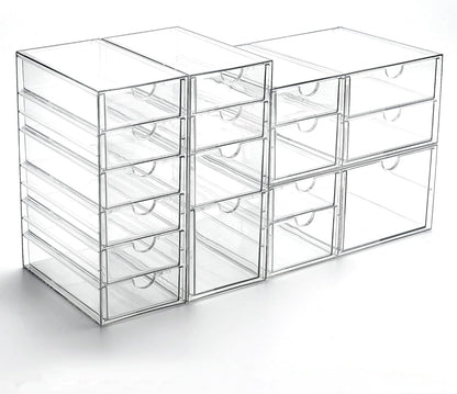 Prsildan Acrylic Makeup Organizer, 2 Pack Stackable Storage Drawers with 6 Drawers for Office Desk Vanity Craft Room Clear Drawer Organizers for Hair Accessories Art Supplies Cosmetics Modular System