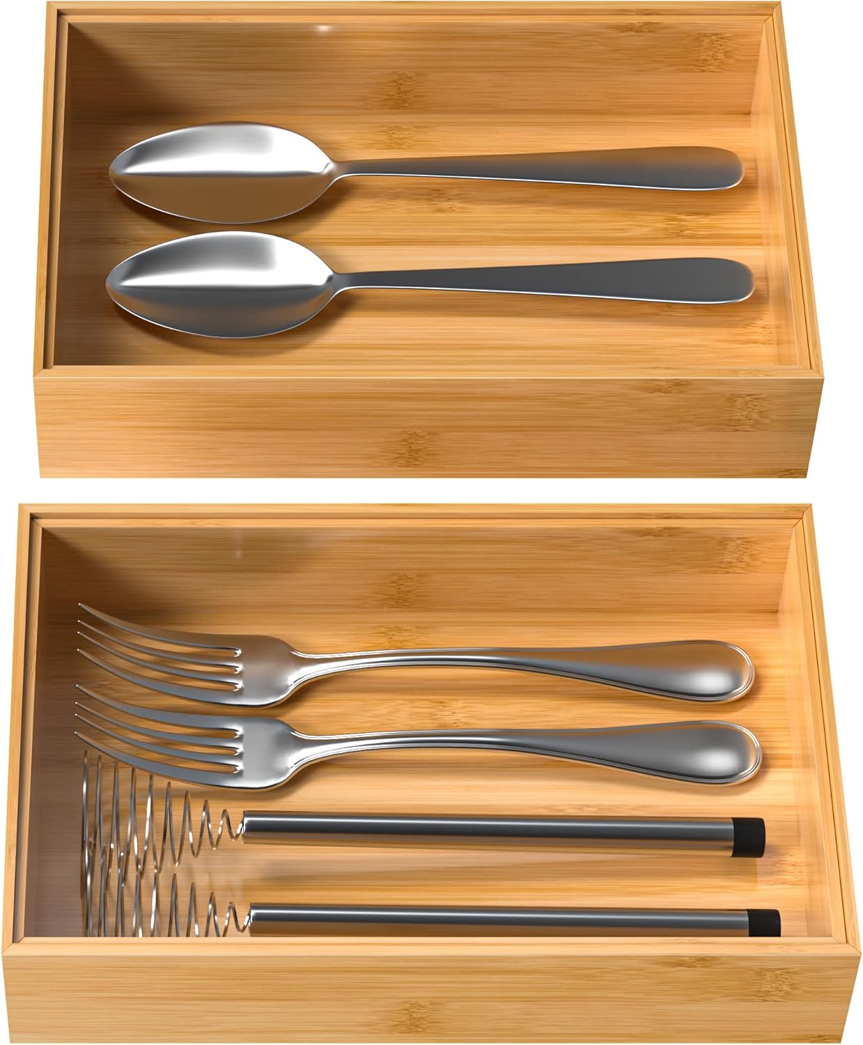 VeyFey Bamboo Drawer Organizer, Stackable Utensil Organizer for Kitchen, Bamboo Storage Box Wood Silverware Tray for Drawer 15" x 6" x 2" Set of 2