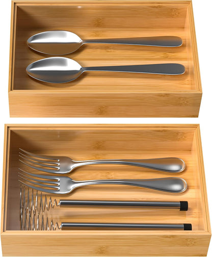 VeyFey Bamboo Drawer Organizer, Stackable Utensil Organizer for Kitchen, Bamboo Storage Box Wood Silverware Tray for Drawer 15" x 6" x 2" Set of 2
