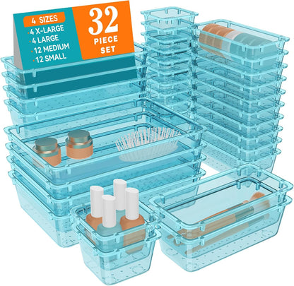 WOWBOX 32 PCS Clear Plastic Drawer Organizer Set, 4 Sizes Desk Drawer Organization and Storage Containers for Makeup, Cosmetics, Jewelry and Gadgets in Kitchen, Bathroom, Bedroom, Office, Clear Black