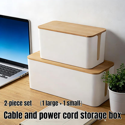 1Large+1Small Cable Organizer Set with 4 Silicone Cable Ties, 2-Piece Cable Management Box, Bamboo Lid Cord Organizer for Home Office,Set of Two Cable Box,Cable Organizer Box(Bamboo lid/White)