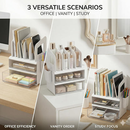 CiWiVOKi Desk Organizer with 2 Vertical File Holder, 4 Tier Stackable Paper Letter Tray File Organizer with 5-Compartments Pen Holder, Clear Desktop Organizer Office Organization and Storage