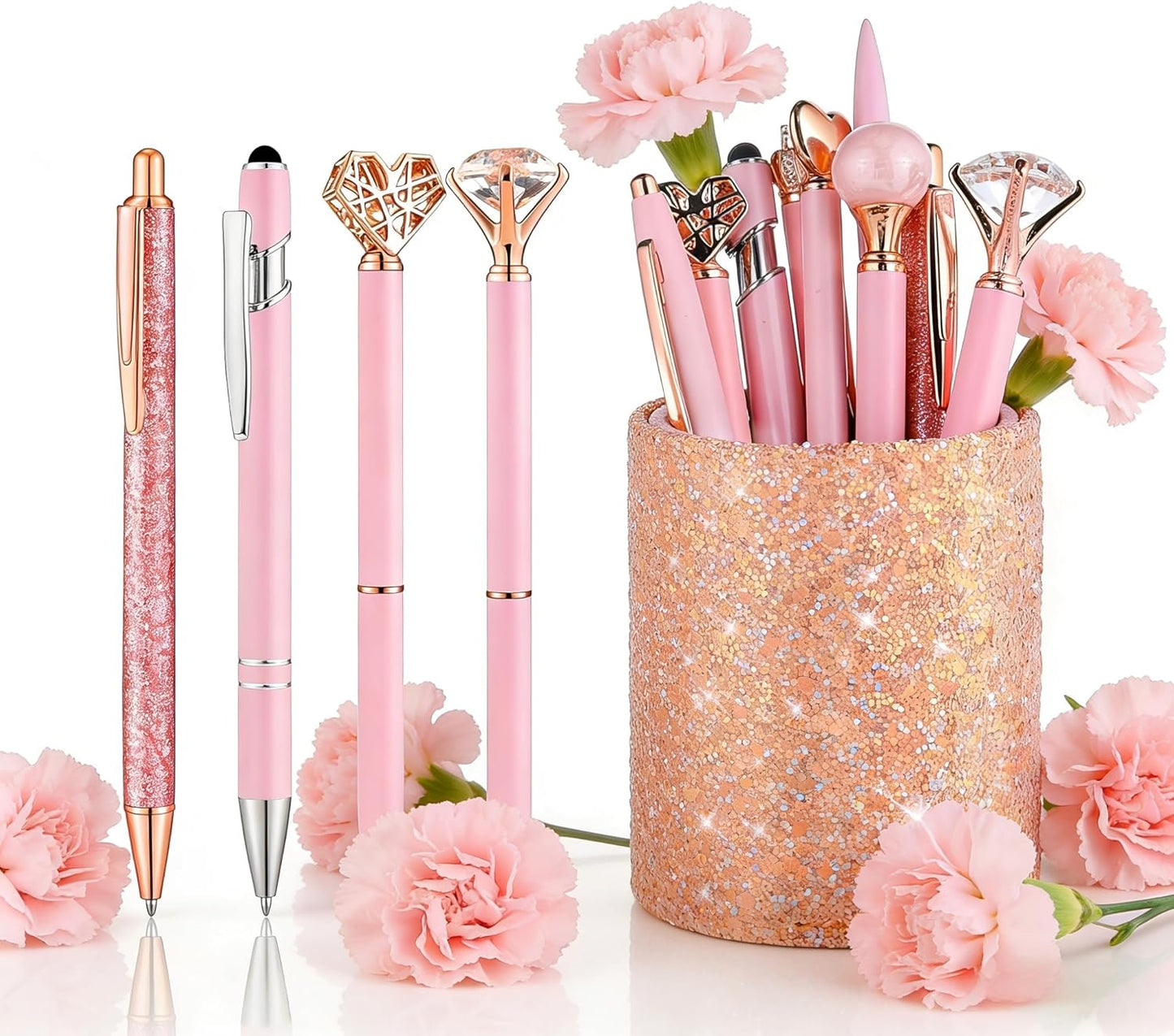 BESARTE 9 Pcs Pink Pens With Pen Holder for Desk, Fancy Pens Pink Mom Gifts Desk Accessories for Weddings Parties Mothers Day Gifts for Mom Wife