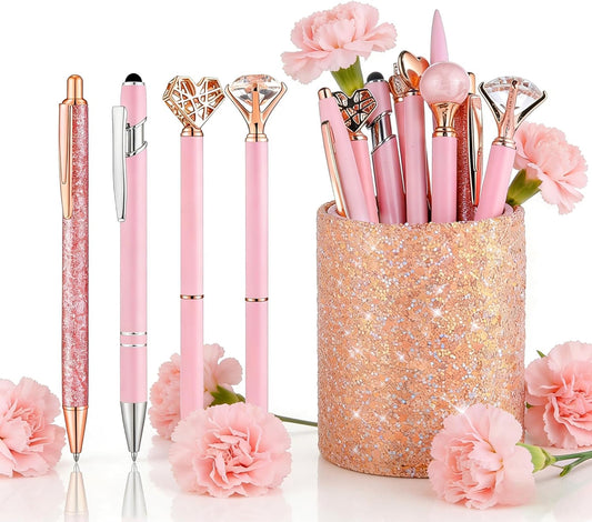 BESARTE 9 Pcs Pink Pens With Pen Holder for Desk, Fancy Pens Pink Mom Gifts Desk Accessories for Weddings Parties Mothers Day Gifts for Mom Wife