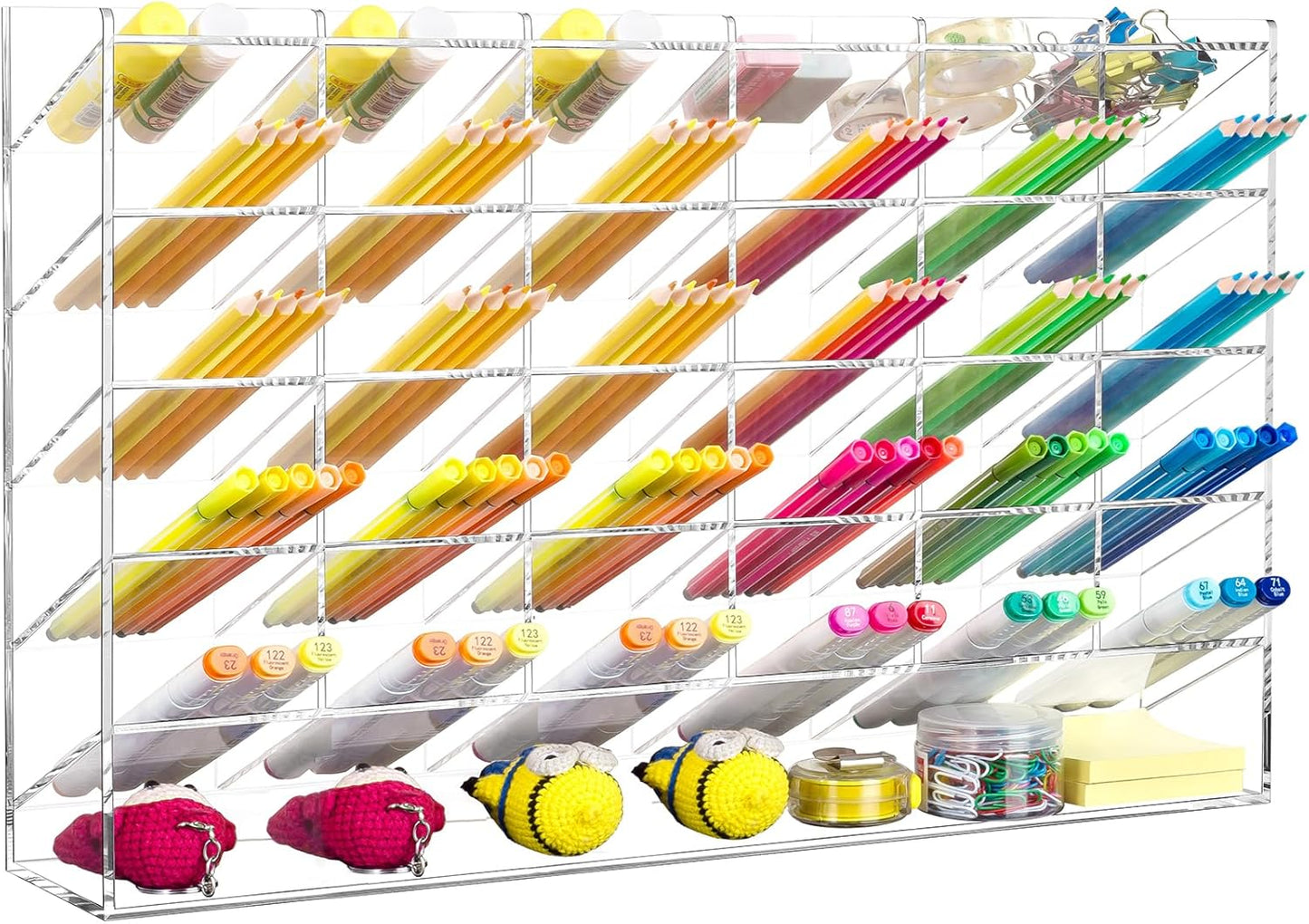 BEYGORM Acrylic Vertical Marker Organizer for 150 Markers with 13 Compartments, Clear Angled Pen & Pencil Holder, Large Desk Stationery & Art Supply Storage for Office & School (10.2 x 9.8 x 4 Inch)