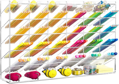 BEYGORM Acrylic Vertical Marker Organizer for 150 Markers with 13 Compartments, Clear Angled Pen & Pencil Holder, Large Desk Stationery & Art Supply Storage for Office & School (10.2 x 9.8 x 4 Inch)