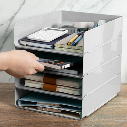 Tiawudi Desk Organizer, Clear Office Organization and Storage, Plastic Letter Tray, Stackable File Organizer for Classroom, Home, Documents, Notes, Folders, Books and Pens, 4 Tier