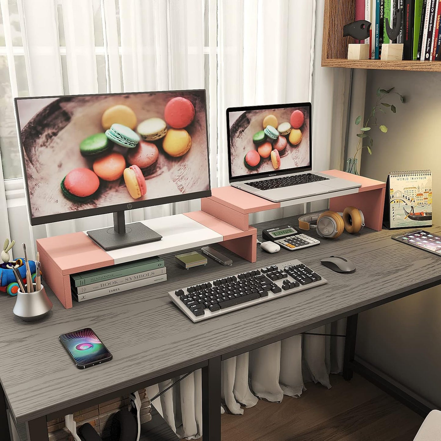 WESTREE Dual Monitor Stand Riser - 2 Shelf Computer Stand with Adjustable Length and Angle, Desktop Organizer for 2 Monitors